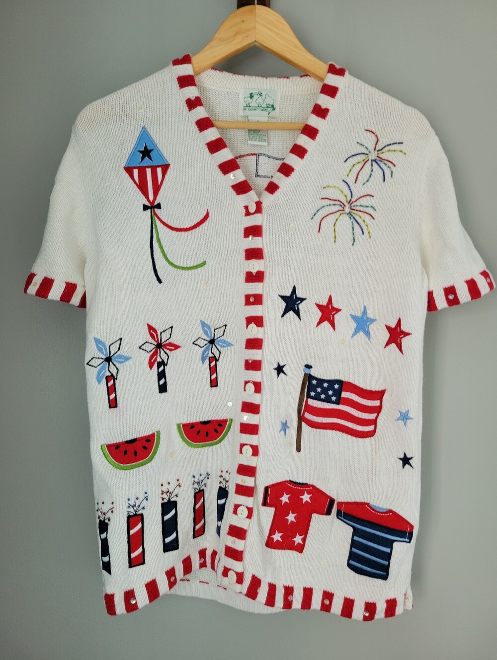 Vintage Patriotic 4th of July Cardigan Sweater Size 8 America The Quaker Factory